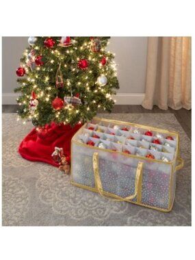 Simplify Ornament Storage Tote 128-Count with Dividers Durable Polka Dot Design